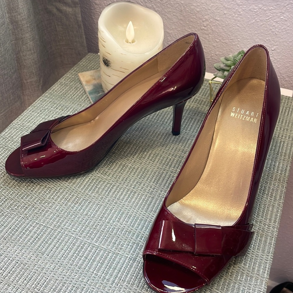 #182 Stuart Weitzman Red Peep Toe Heels - image 1